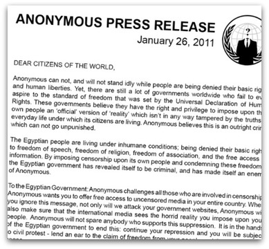 Anonymous: Operation Egypt - Press Release